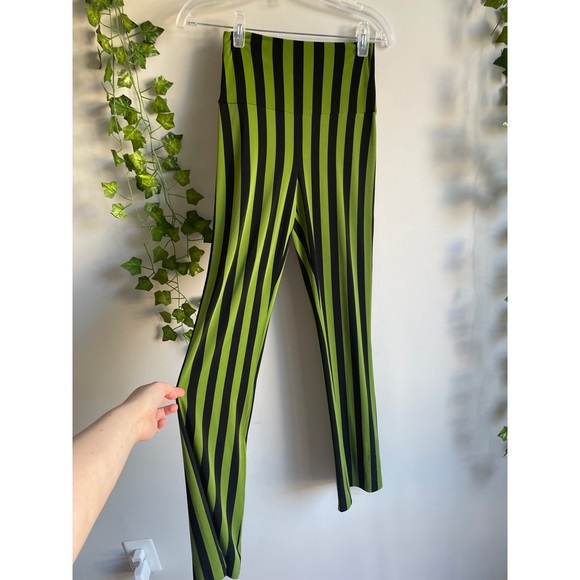 Norma Kamali Pants - 🌿 Rad Y2K High Waisted Black & Green Striped Stretchy Wide Leg Pants